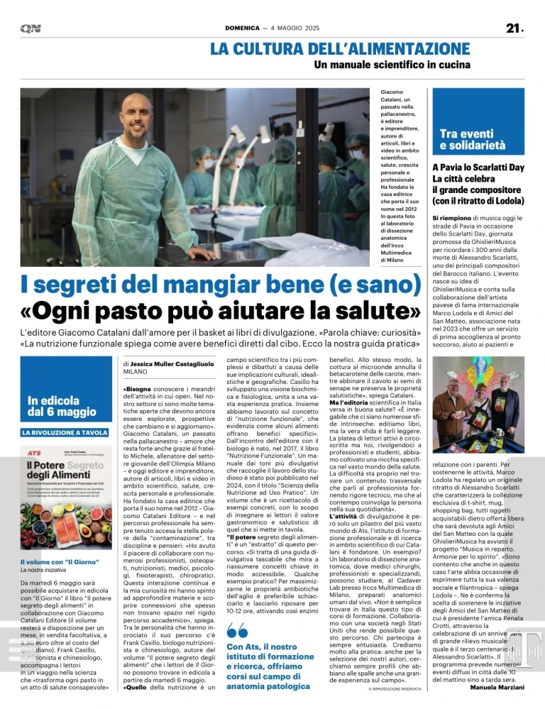 Pagina di rivista in italiano sul tema dell'alimentazione scientifica, con foto di Giacomo Catalani in laboratorio e titolo "I segreti del mangiar bene (e sano)"